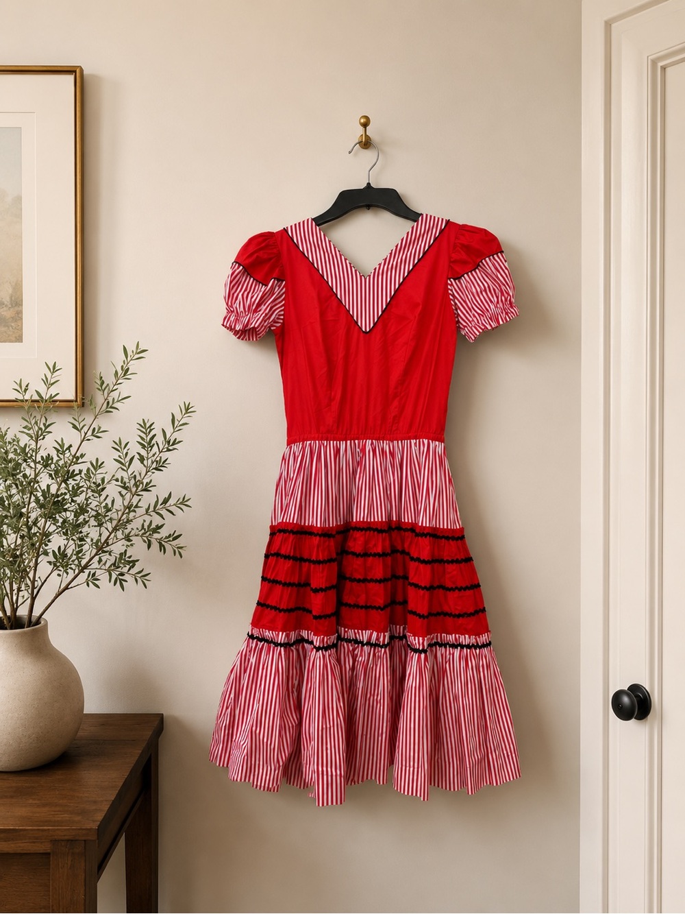 Red White Striped Prairie Midi Dress Women’s Small - Picture 3 of 4